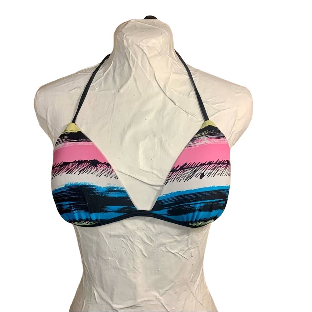 Y2K Bathing Suit Bikini Top Colorful Padded Push‎ Up Size M Halter Style Rainbow